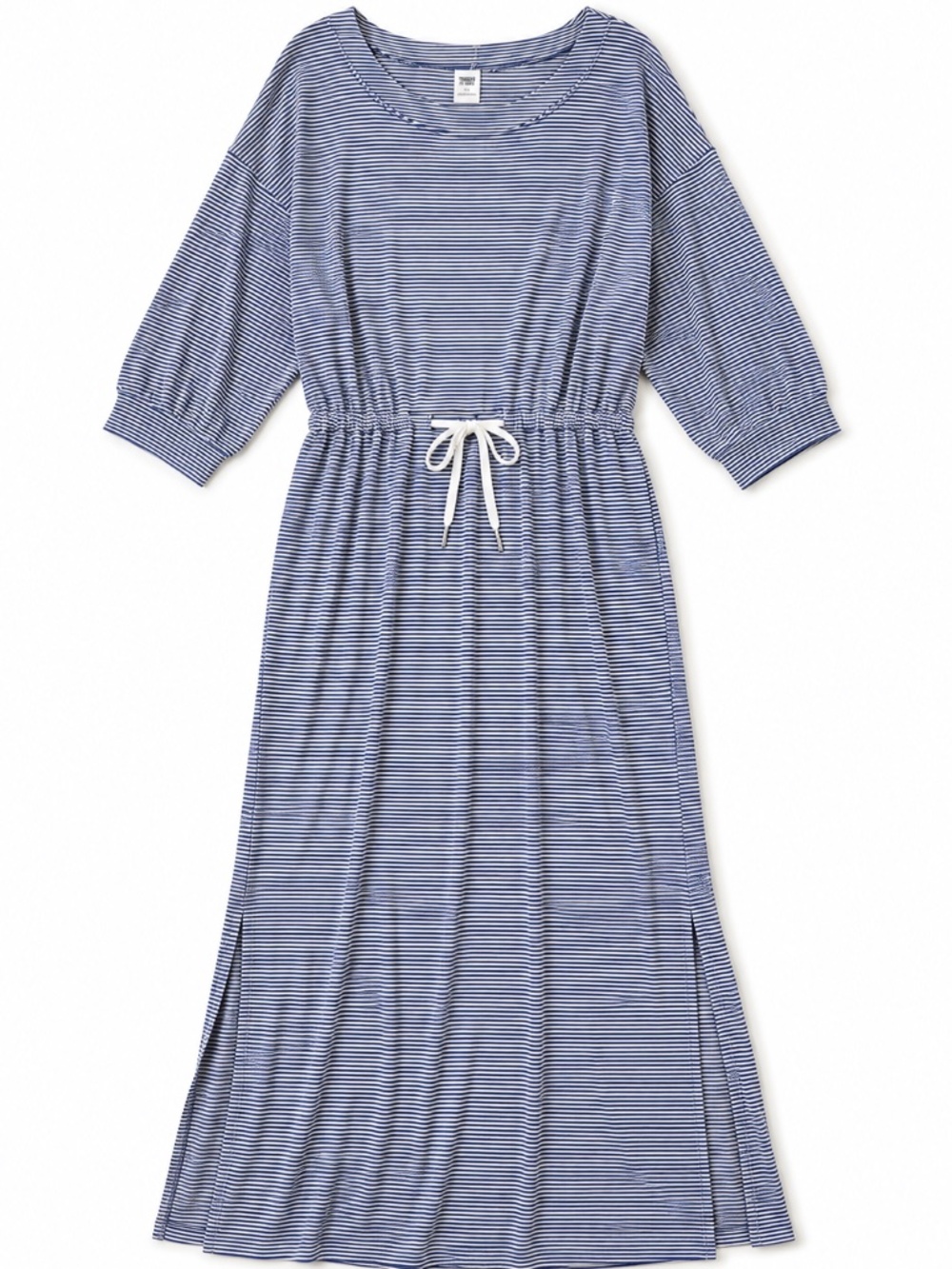 Smash & Tess BAMBO maxi dress L blue/white stripe 3/4 sleeve sustainable preppy